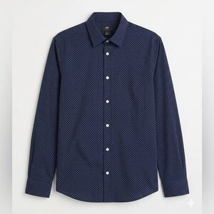H&M Slim Fit Easy Iron Men’s Navy Microdot Button-Up Long Sleeve Shirt Size M